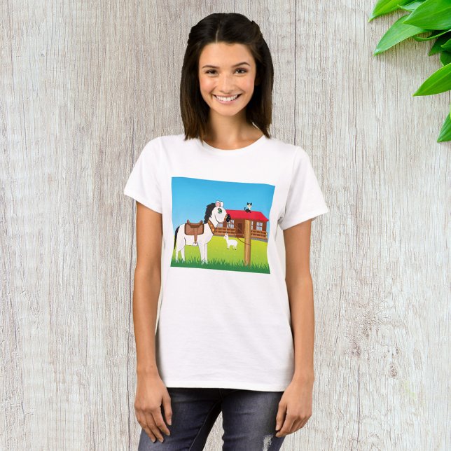 Camiseta Cena de Fazenda de Cartoon com Gato de Cavalo e Ca (Criador carregado)