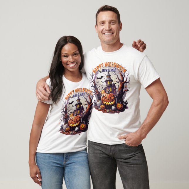 Camiseta Cena de Halloween Spooky com Pumpkins Hunted House (Unissex)