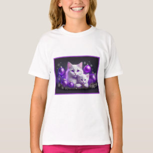 Camiseta Cena de Natal Púrpura De Gato E Gato-Mãe Branco