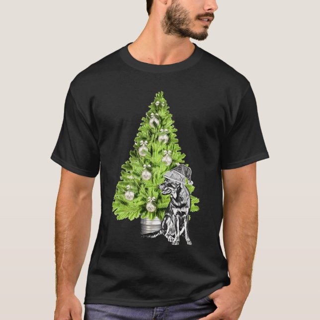 Camiseta Cena De Natal Rottweiler Com Árvore De Natal E (Frente)