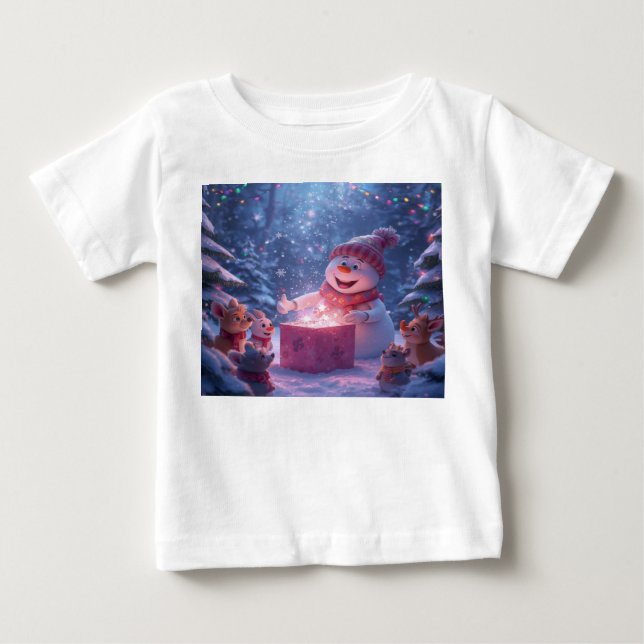 Camiseta Cena de Presente de Natal do Boneco de Neve Mágico (Frente)