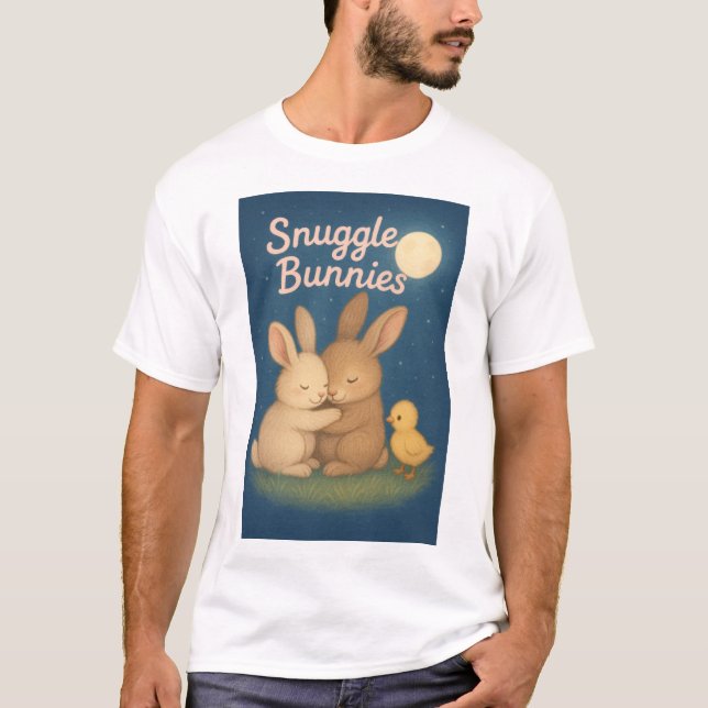 Camiseta Cena noturna de dois coelhos estilo cartoon (Frente)