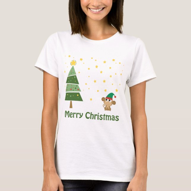 Camiseta Cena Noturna de Natal com Macaco Bonito (Frente)