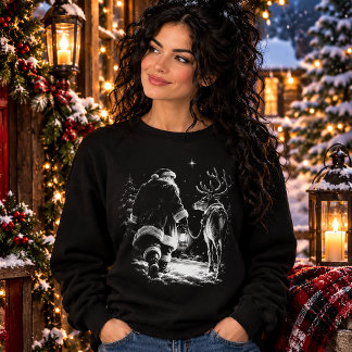 Camiseta Cena Noturna de Natal com Papai Noel e Rena na Nev