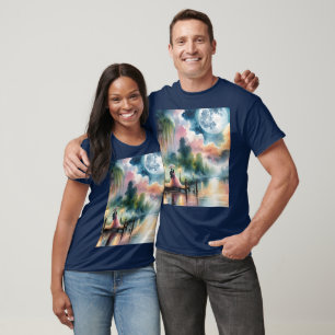 Camiseta Cena Noturna Romântica ao Luar em Aquarela