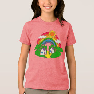 Camiseta Cena rural de desenho animado com arco-íris e casa
