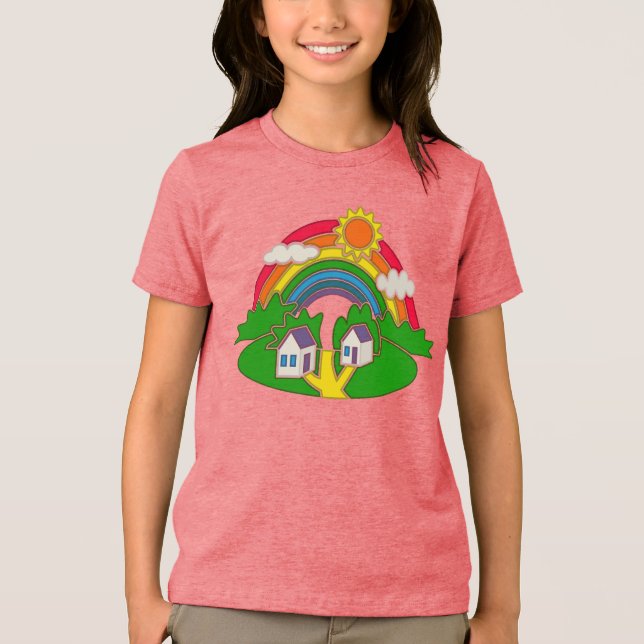 Camiseta Cena rural de desenho animado com arco-íris e casa (Frente)