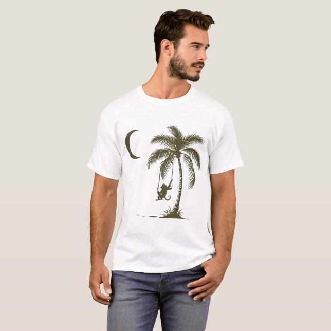 Camiseta Cena Tropical Minimalista com Macaco em Swing (Frente Completa)