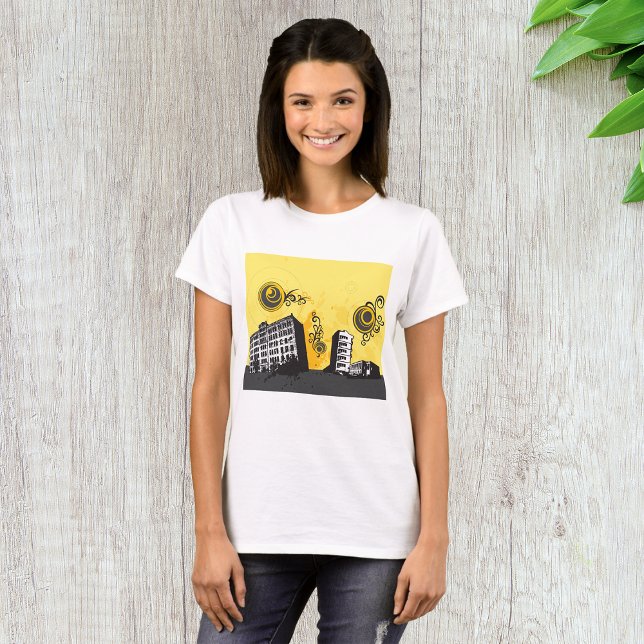 Camiseta Cenário Urbano Amarelo e Cinza Abstrato Retro (Criador carregado)