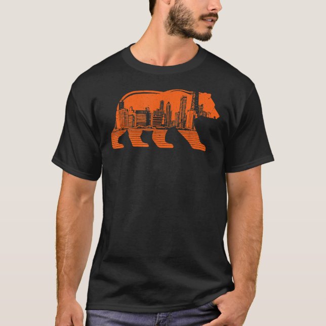 Camiseta Centro Chicago City Skyline Walking Bear Silhoue (Frente)