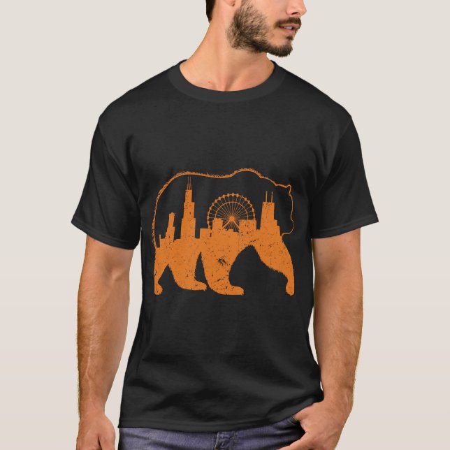 Camiseta Centro de Chicago, Urso Andando em Silhoue (Frente)