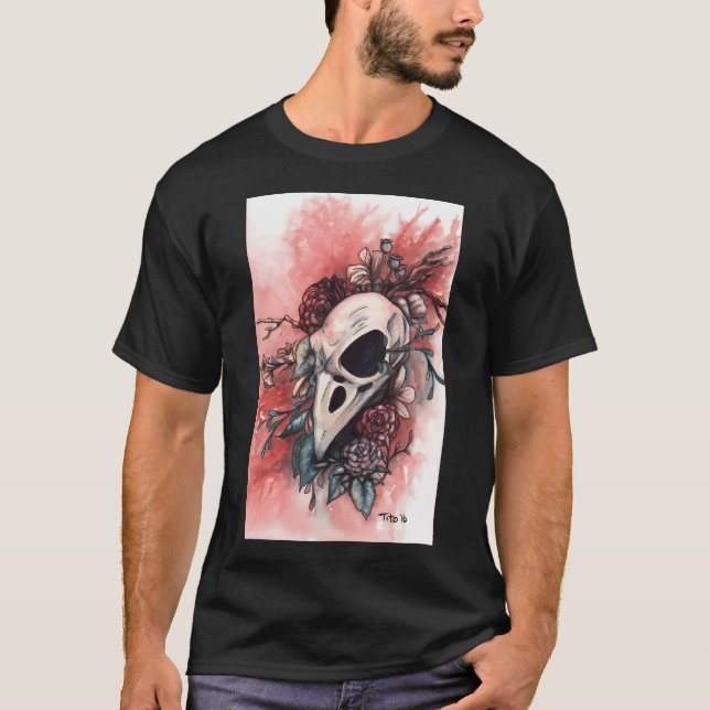 Camiseta Cérebro De Pássaros - Crânio De Raven Com Flores (Frente)