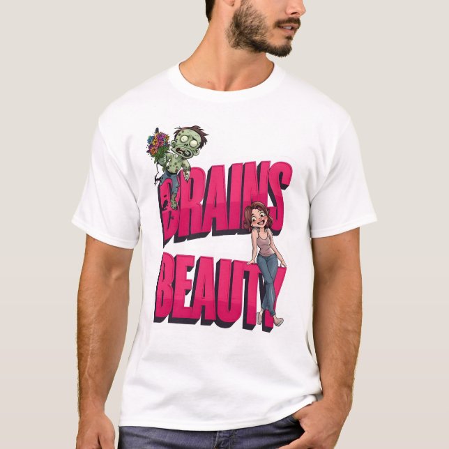 Camiseta Cérebros e Beleza - Design de Humor Zombie (Frente)