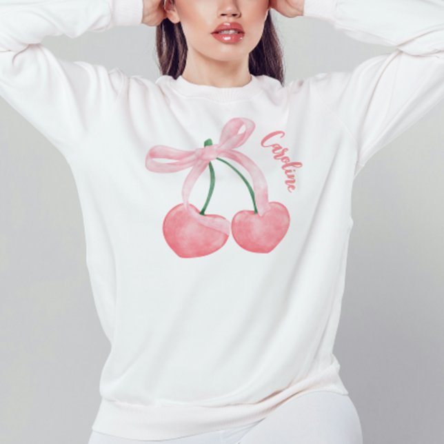 Camiseta Cereja branca com estética de Arco rosa (Coquette sweatshirt, cute bow and cherries coquette clothing shirt with personalized monogram name)
