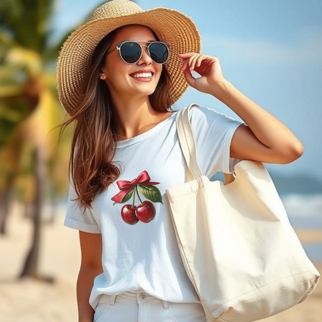 Camiseta Cerejas e um Arco (Cherries-Cherries with a Bow-Trendy Fashion White T shirt)