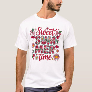 Camiseta Cerejas Margaridas Coquete do Tempo de Verão Doce