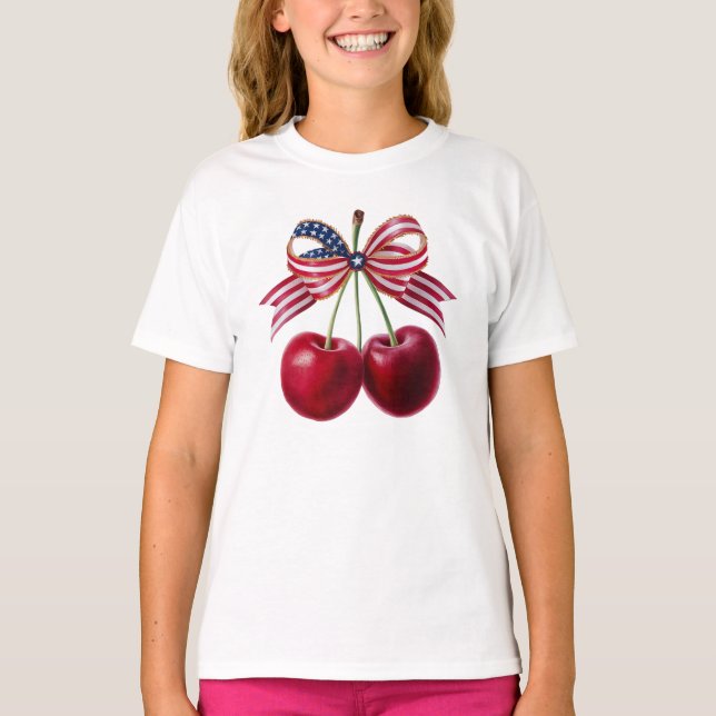 Camiseta Cerejas Patriotas com Bandeira dos EUA Verão de Fr (Frente)