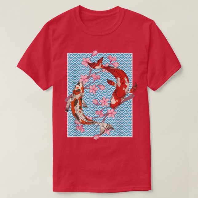 Camiseta Cerejeira japonesa Flor Peixes de Carpa Sakura Koi (Frente do Design)