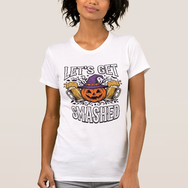 Camiseta Cerveja de Abóbora Halloween Let's Get Smashed (Frente)
