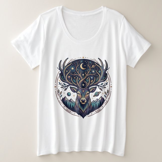 Camiseta Cervo Celestial Arte Mística de Lua e Estrelas (Frente do Design)