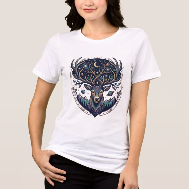 Camiseta Cervo Celestial Arte Místico de Lua e Estrelas (Frente)