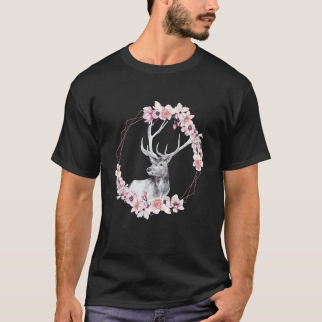 Camiseta Cervo com Flores Animal da Floresta Cervo Vaca Chi (Frente)