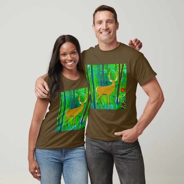 Camiseta Cervo em um cenário de floresta fantástica (Unissex)