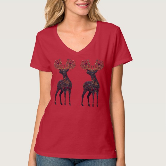 Camiseta Cervo floral cósmico real (Frente)