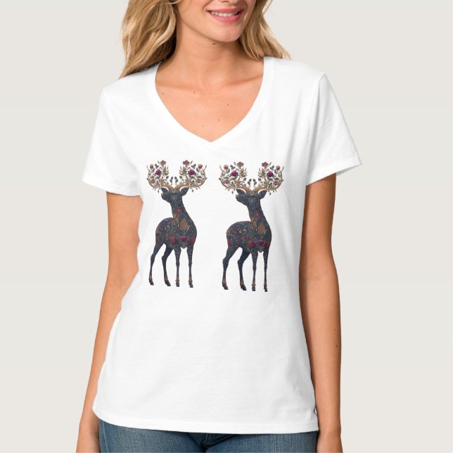 Camiseta Cervo floral cósmico real (Frente)