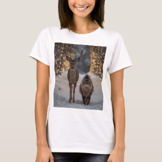 Camiseta Cervo & Gato Fofo em uma Floresta de Natal Nevada