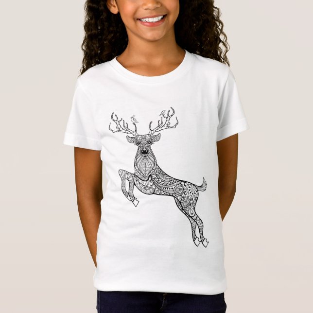 Camiseta Cervos Horned mágicos com Doodle dos pássaros (Frente)