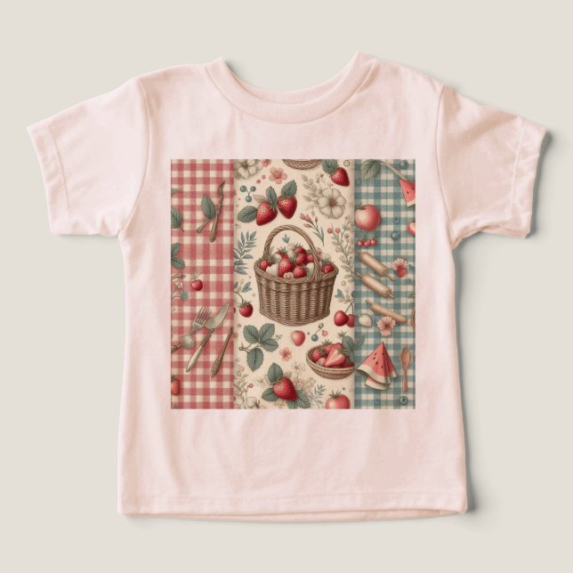 Camiseta Cesta de Frutas Gingham Diversão (Design frontal)