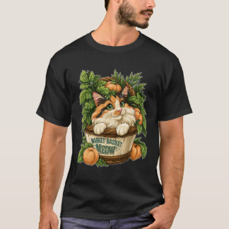 Camiseta Cesta de Mercado Meow Gato Fofo com Legumes Fresco