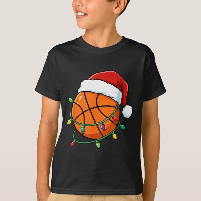 Camiseta Cesta de Natal de Basquetebol Chapéu de Papai Noel (Frente)