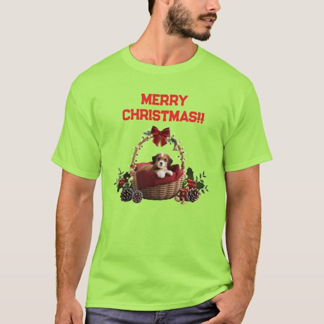 Camiseta Cesta de Natal Divertida e Fofa de Cachorrinho (Frente)
