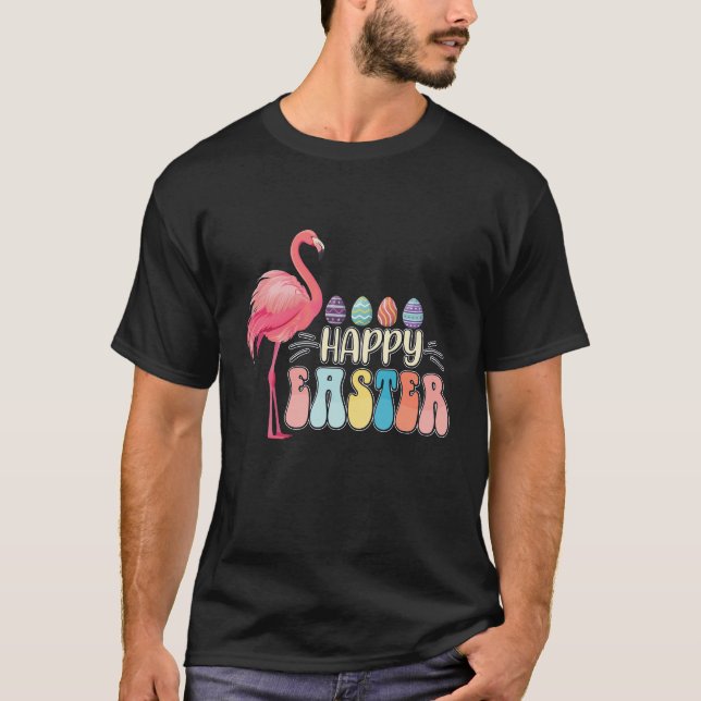 Camiseta Cesta de Ovos de Páscoa Flamingo Coelho Feliz (Frente)