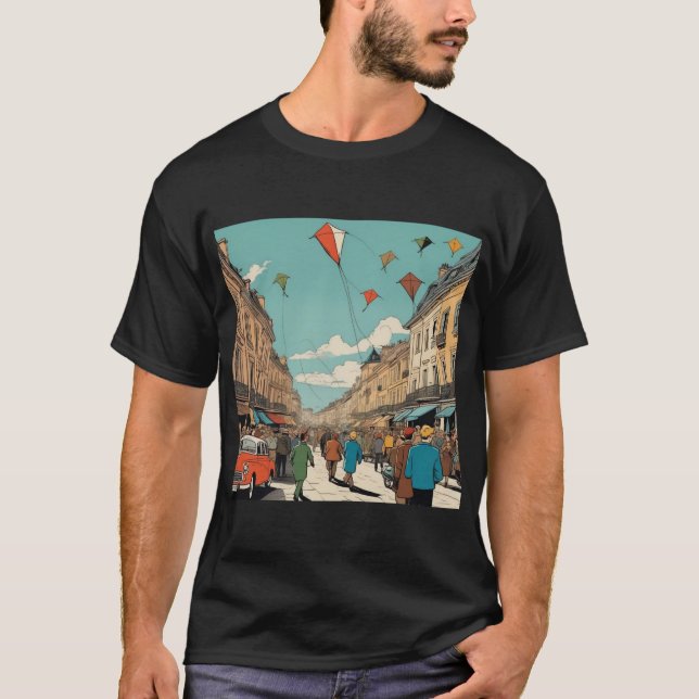 Camiseta Céu Caleidoscópio: Festival de pipa de Caneta e Es (Frente)
