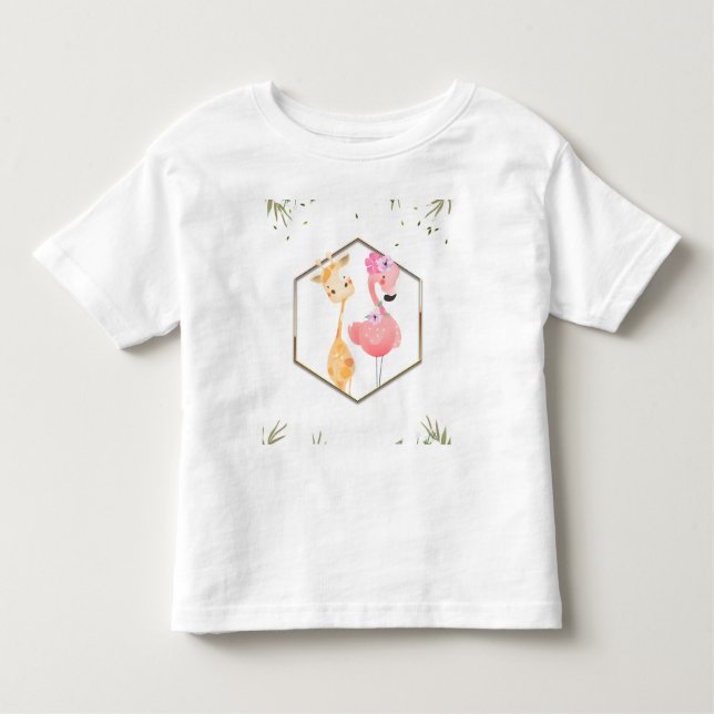 Camiseta Chá de Bebê de Flamingo & Girafa com Aquarela Trop (Frente)