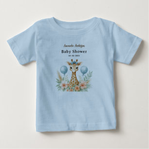 Camiseta Chá de Bebê de Girafa Bebê Menino   Safari Azul
