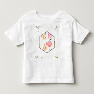 Camiseta Chá de Bebê Flamingo & Girafa Aquarela Tropical