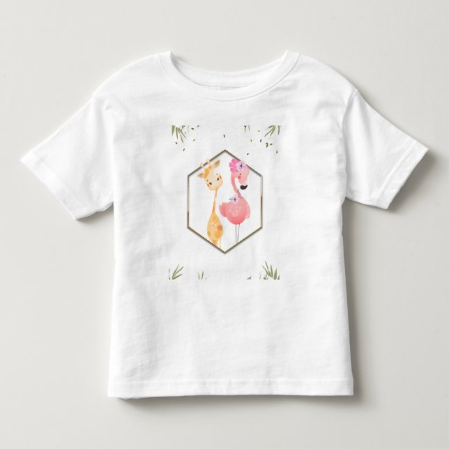 Camiseta Chá de Bebê Flamingo & Girafa Aquarela Tropical (Frente)