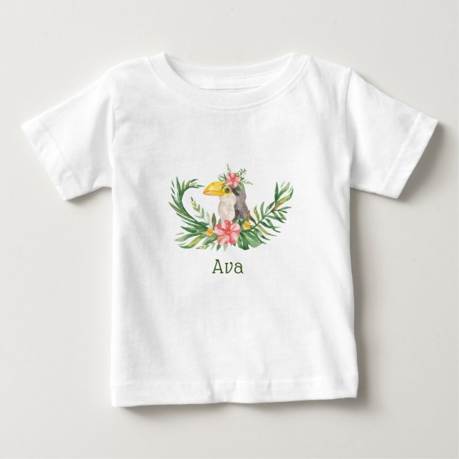 Camiseta Chá de Bebê Floral de Pássaro Tucano Tropical (Frente)