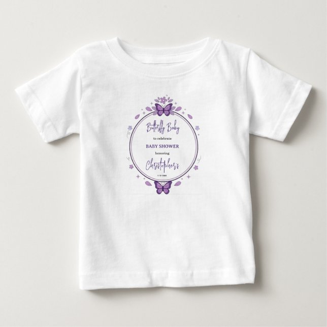 Camiseta Chá de Bebê Menina Borboleta Roxa (Frente)