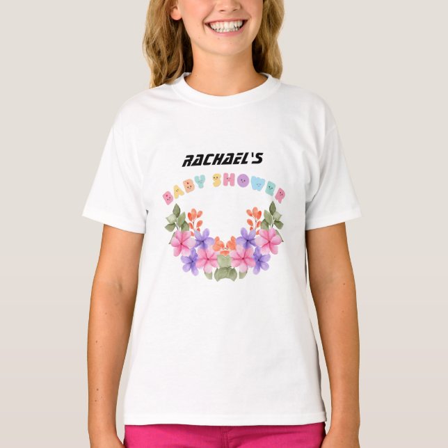 Camiseta Chá de Bebê Menina Floral Rosa Claro (Frente)