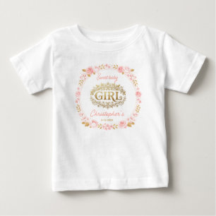 Camiseta Chá de Bebê Menina Rosa e Dourado Floral