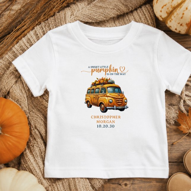 Camiseta Chá de Bebê Pequena Abóbora Caminhão Laranja Rústi (Rustic Orange Truck Little Pumpkin Baby Shower T-Shirt)