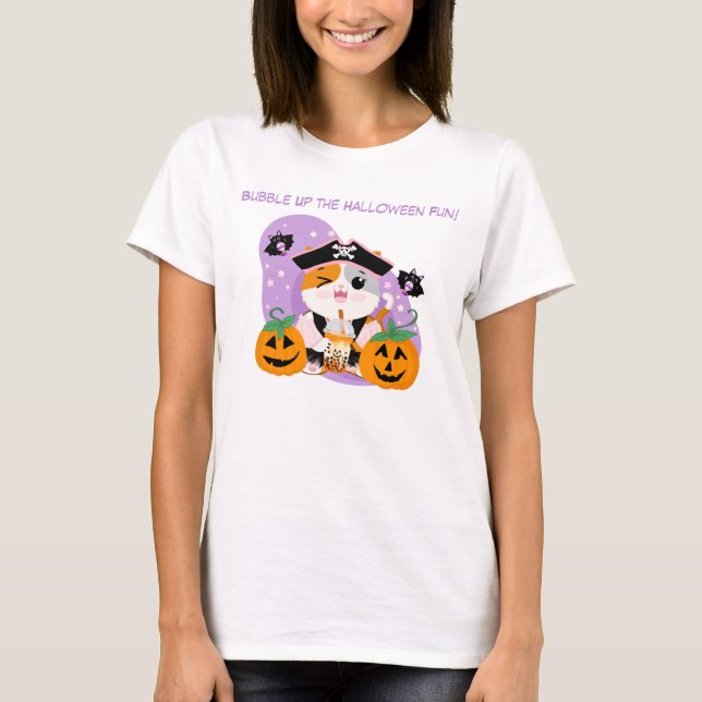 Camiseta Chá de bolha com diversão de gato Kawaii pirata (Frente)
