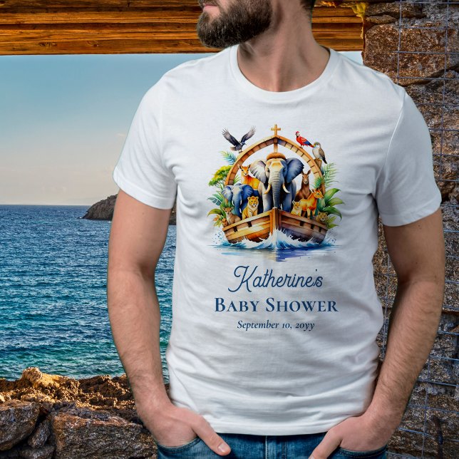 Camiseta Chá de fraldas Azul de Bichinhos-de-Arca de Noah (Noah's Ark Cute Animals Boy Baby Shower Man's T-Shirt)