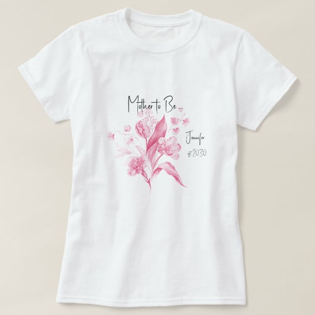 Camiseta Chá de fraldas de Buquê Rosa-A-Ser-Mãe (Frente do Design)