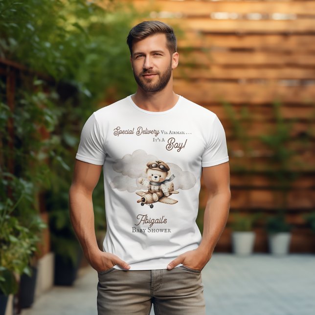 Camiseta Chá de fraldas de Entrega Especial do Urso de Tedd (Cute "Special Delivery Via Airmail . . . It's A Boy!" Airplane | Teddy Bear Baby Shower Man's Tshirt)